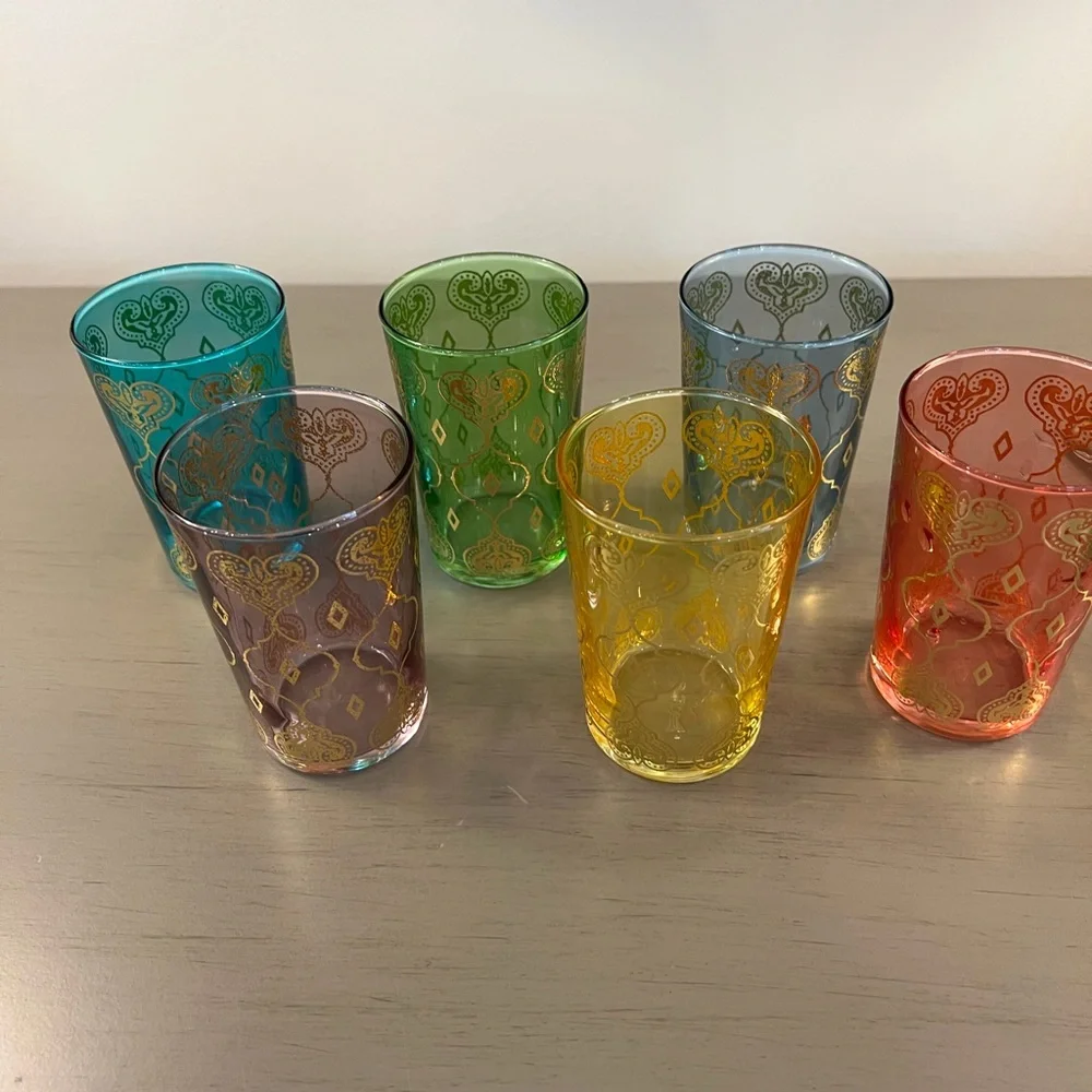 Scents & Feels Moroccan Tea Glasses Set of 6 Multicolored Gold Hand-Painted ARC